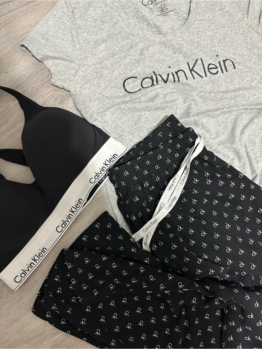 Calvin Klein Grey Tee, Black Bralette & Black Logo Pajama Pants Set - Picture 2 of 5